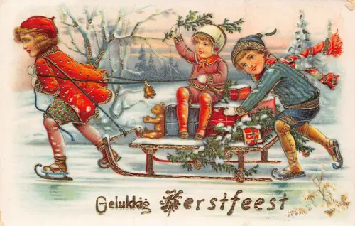 B107 Weihnachtsgrüße 1932 Kinder auf Schlitten Spielzeug Geschenke Tannenzapfen Postkarte