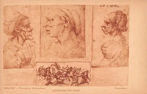 B094 Pinacoteca Ambrosiana Milano Leonardo Da Vinci Männer Karikaturen Postkarte