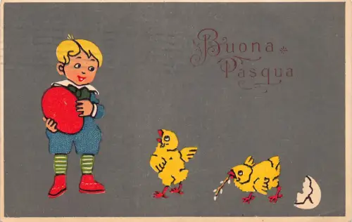 B107 Ostergrüße 1922 Junge mit roten Ei Küken Muschi Weide Vintage Postkarte
