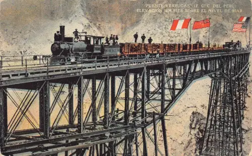 Peru Verrugas Brücke Eisenbahn Zug Flaggen Vintage Postkarte
