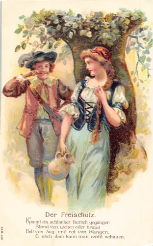 B114 Liebesroman Paar flirtet Mittelalter gekleidet Freischuetz Prägepostkarte
