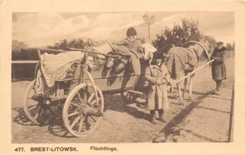 B110 Weißrussland 1915 Brest-Litowsk Fluechtlinge Bauernkutsche 1. Weltkrieg Feldpostkarte
