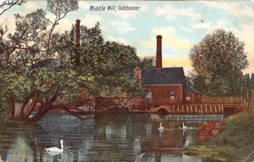 B126 England 1907 Middle Mill Colchester Swans Industrie Vintage Postkarte