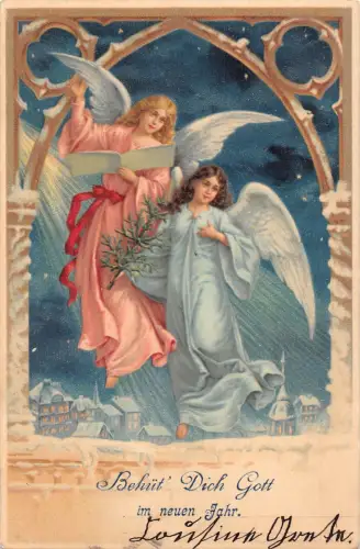 B114 Neujahrsgrüße 1901 Religiöse Nachtengel Gebetbuch Vintage Postkarte