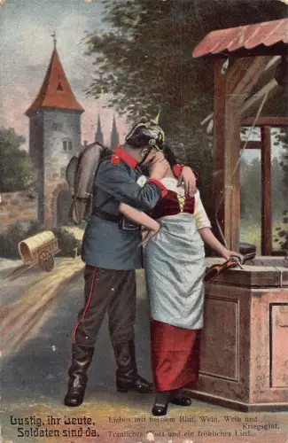Preußischer Soldat küsst Freundin bei Brunnenriffle 1915 Feldpostkarte 1. Weltkrieg