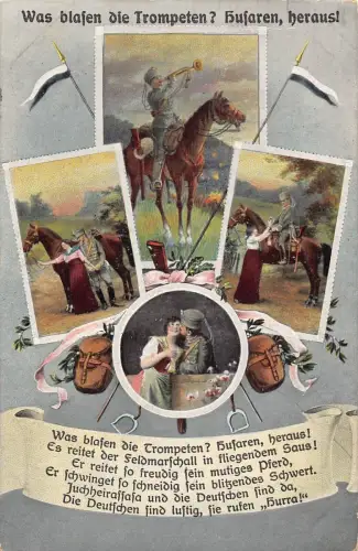 Patriotische 1915 Husaren Kavallerie Soldat Frau Trompetenfahnen 1. Weltkrieg Feldpostkarte