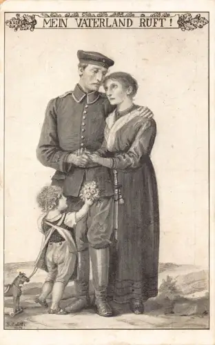 Patriotischer Vaterlandssoldat 1914 umarmt Frau Junge bietet Blume 1. Weltkrieg Feldpostkarte