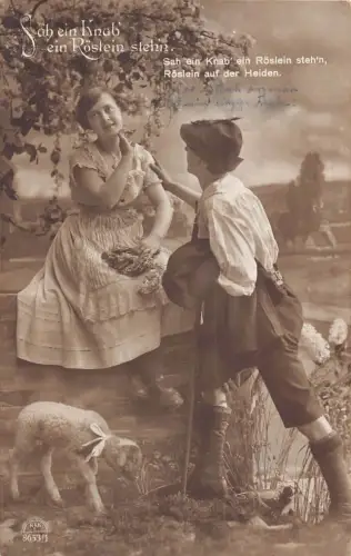 Hirte Accosting schöne Frau Blumen Lamm 1926 Liebe Romantik Postkarte