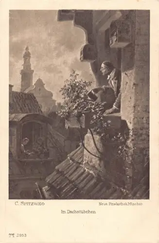 Kunst von C Spitzweg Mann gießt Blumen auf Balkon Pinakothek München Postkarte