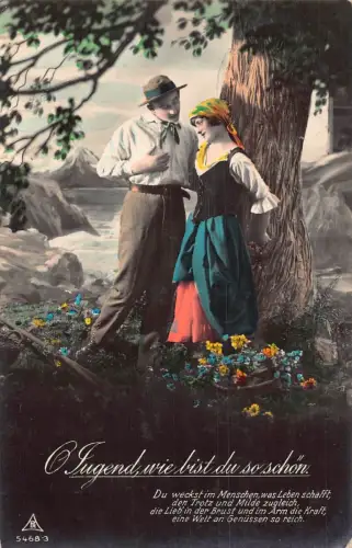 Paar flirtet unter Baum Blumen Seenlandschaft 1923 Liebe Romantik Postkarte