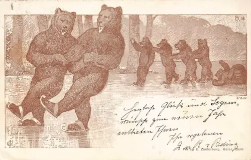 L410 Schweiz 1909 Humanisierte Bären Schlittschuh Comic Vintage Postkarte