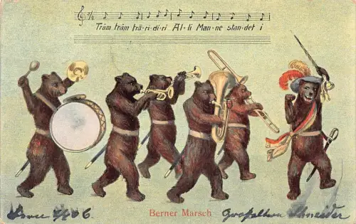 L410 Schweiz 1906 Humanisierte Bären Orchester Berner Marsch Vintage Postkarte