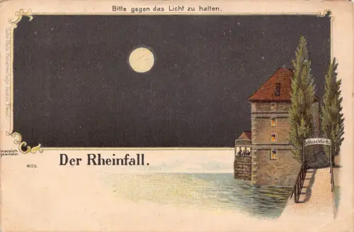 A898 Schweiz Rheinfall Mondschein Burg Turm Feststell Postkarte