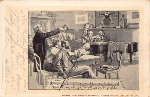 Dirigent leitet Klavierspieler in Bar Bierkrüge Musiknoten 1899 Postkarte