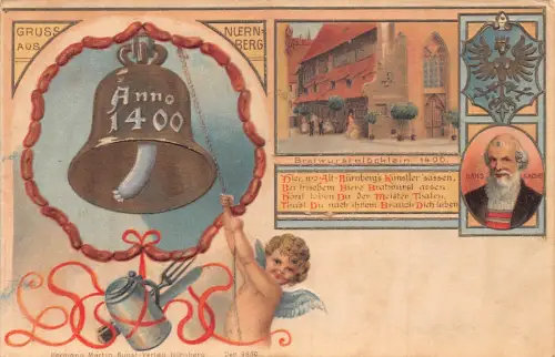 Deutschland Gruss aus Nürnberg Nürnberg Cherub Glocke Litho Vintage Postkarte