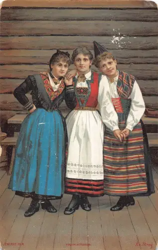 B557 Norwegen Gruppe Mädchen in traditionellen Kostümen Kunst von Aa Stray Postkarte