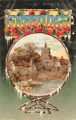 B574 Festhaltende Grüße 1907 Heiliger Baum Dorf Passepartout Mond Postkarte