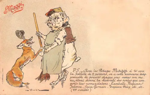 B575 Werbung Maggi Vermenschlichter Fuchs und hässlicher Hund in Schürzenkunst von Vimar Postkarte
