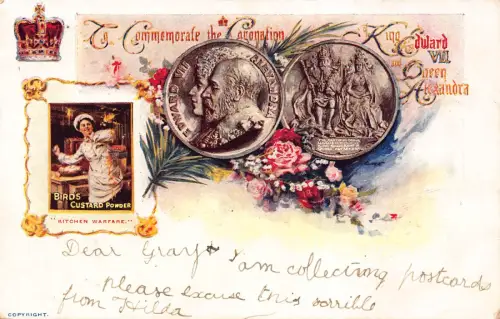 B575 Werbung 1902 Vögel Pudding Pulver Krönung Gedenk Postkarte