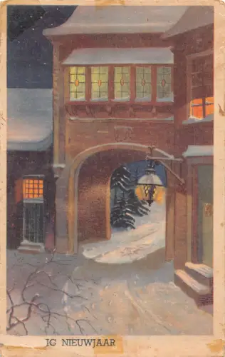 Niederlande Nieuwjaar Neujahrshaus verschneiter Weg Vintage Postkarte