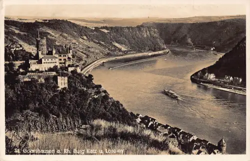 Deutschland 1937 St Goarshausen a Rh Burg Katz u Loreley Dampfschiff Vintage Postkarte