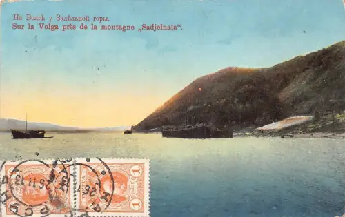 A037 Russland 1913 Wolga bei Sadjelnaia Gebirge Schiffe Boote Vintage Postkarte