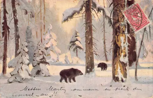 A036 Russland 1912 Bären im Wald Schnee Gemälde signiert J Browar Vintage Postkarte