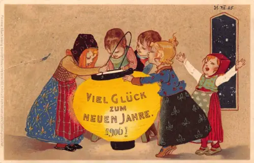 L399 Neujahrsgrüße 1905 Kinder Laterne Vintage Postkarte