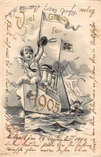 L400 Neujahrsgrüße 1904 Cherub auf Schiff Kleeblatt Glück geprägte Postkarte