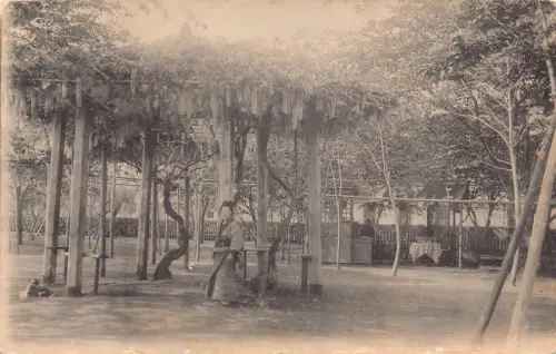 Japan Yokohama Glyzinien Blumen Restaurant hinten Frau im Kimono Postkarte