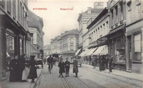 Belgien Antwerpen Diepestraat Straße Geschäfte Radfahrer Vintage Postkarte