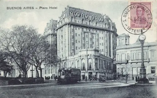 L127 Argentinien 1923 Buenos Aires Plaza Hotel Straßenbahn Vintage Postkarte