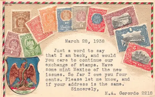 Mexiko 1938 Wappen und Landschaft Briefmarken Ausgabe geprägte Postkarte