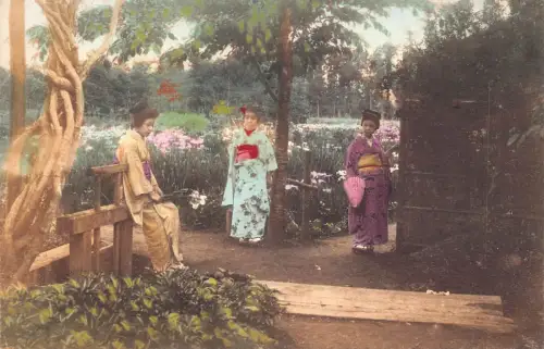 B585 Japan Geishas in Iris Blumengarten Wanderkultur Vintage Postkarte