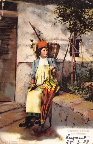 Schweiz 1908 Tracht Tessiner Bauernmädchen hält Regenschirm Postkarte