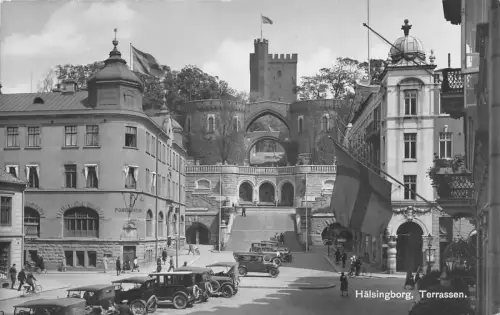 Schweden Helsingborg Terrasen Autos Postkontor Flagge Vintage Postkarte
