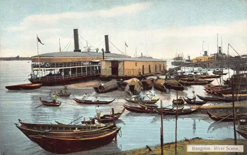 L255 Burma Myanmar Rangun Fluss Szene Boote Postkarte