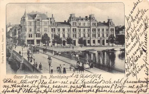Schweden 1902 Oscar Fredriks Bro Norrköping Brücke Kutschen Vintage Postkarte