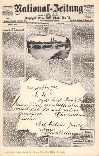 B588 Zeitungsbrief Schweiz 1902 Landeszeitung Baselbrücke Postkarte