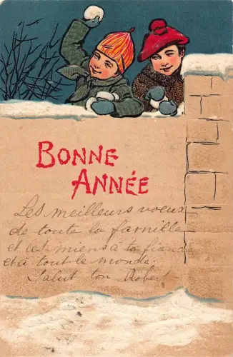 L375 Neujahrsgrüße 1906 Jungen Schneebälle geprägt Vintage Postkarte