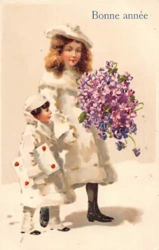 L375 Neujahrsgrüße 1907 Mutter und Kind Blumen Geschenk Vintage Postkarte