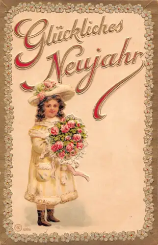 L375 Neujahrsgrüße 1902 Mädchen mit Rosen Blumen geprägt Vintage Postkarte