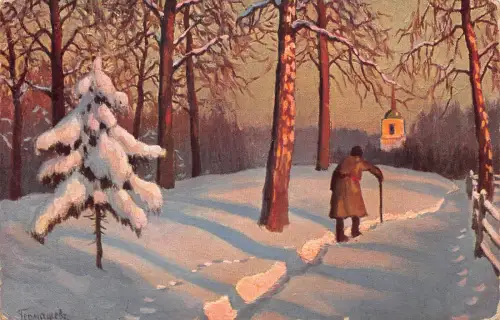 A995 Russland 1912 Kunst alter Mann zu Fuß im Schnee Winter von M Germaschew Postkarte