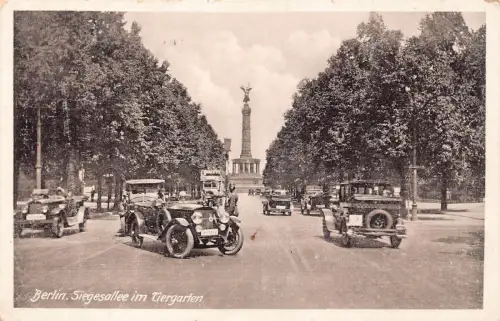 L087 Deutschland 1929 Berlin Siegesallee im Tiergarten Autosäule Oldtimer Postkarte