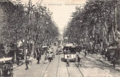 B001 Frankreich Marseille Cours Belzunce Straßenbahn Kutsche Vintage Postkarte