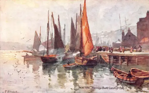 B006 England Whitby Hering Boote Landung Fisch Kunst Vintage Postkarte