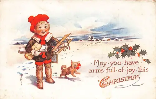 A047 Weihnachtsgrüße Kind Junge Spielzeug Flugzeug Hund Mistel Schnee Postkarte