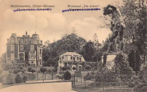 A045 Frankreich Elsass Mulhouse Denkmal Die Arbeit Statue Postkarte