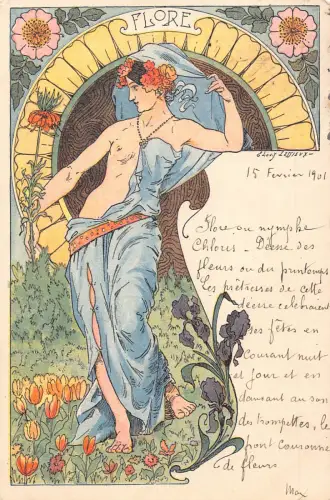 L554 Jugendstil Risque Flore Göttin von Lessieux 1901 Vintage Postkarte