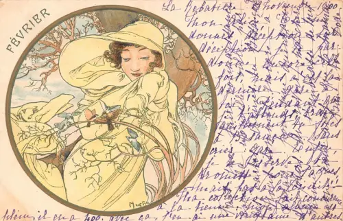 L554 Jugendstil Februar Monate Serie von Alphonse Mucha 1900 Vintage Postkarte